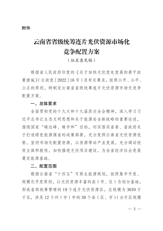 光伏3639萬(wàn)千瓦！云南省下發(fā)省級(jí)統(tǒng)籌連片光伏資源市場(chǎng)化配置方案（征求意見(jiàn)稿）